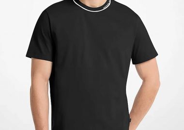 Michael Kors ανδρικό T-shirt με contrast ρίγα και λογότυπο στη λαιμόκοψη Classic Fit - CS652SN19P Μαύρο - MICHAEL KORS - 