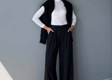 ΜΙΝΑ γυναικεια ασπρομαυρη ριγε παντελονα ψηλομεσο με ζωνη στη μεση - SOU - 