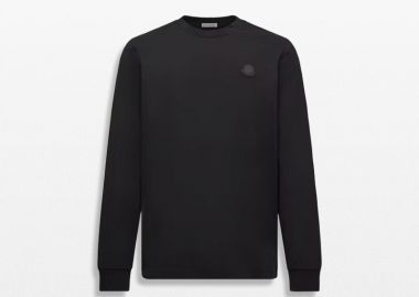 MONCLER Ανδρικό Μαύρο Leather Logo Long Sleeve Cotton T-Shirt - MONCLER - 