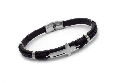 Μοντέρνο ανδρικό βραχιολι με δέρμα μαύρο BA253 - Asimenio - 