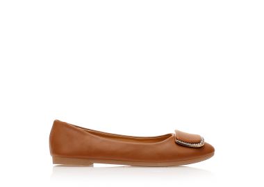 Μπαλαρίνες κάμελ δερματίνη με αγκράφα από στρας ΚΑΜΕΛ - Tsoukalas - 