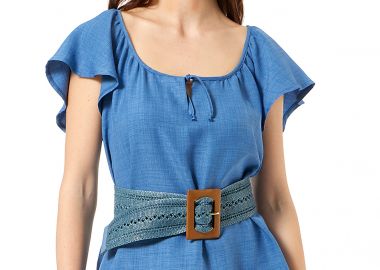 ΜΠΛΕ ΜΠΛΟΥΖΑ LINEN-LOOK ΜΕ ΣΟΥΡΑ ΣΤΗΝ ΛΑΙΜΟΚΟΨΗ - Anna Raxevsky - 