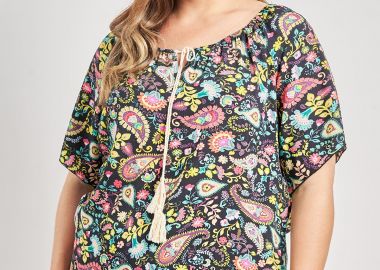 Μπλούζα από ρεγιόν εμπριμέ με ελαστική λαιμόκοψη -  - 