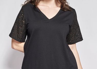 Μπλούζα βαμβακερή με κεντητά μανίκια -  - 