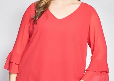 Μπλούζα διπλής ζωρζέτας με βολάν στα μανίκια -  - 