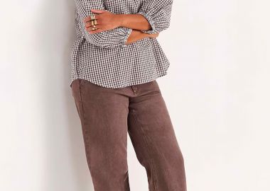 Μπλούζα καρό με λάστιχο στα μανίκια σε καφέ χρώμα -  - 