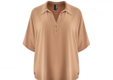 Μπλούζα κρεπ airwashed με κοντό μανίκι και γιακά - MAT FASHION - 