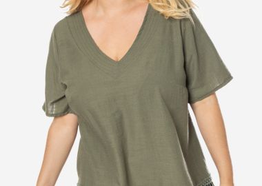 Μπλούζα με κέντημα λουλούδια σε χακί χρώμα -  - 