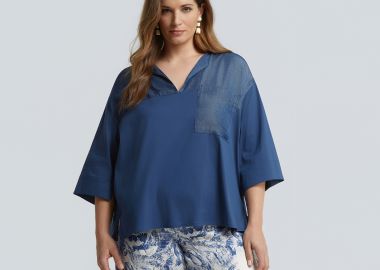 Μπλούζα με συνδυασμό υφασμάτων και τσέπη στο στήθος - MAT FASHION - 