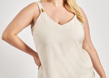 Mπλούζα με τιράντες όψη λινό με χάντρες -  - 