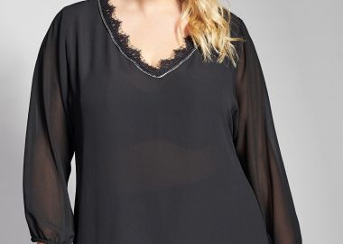 Μπλούζα σιφόν με δαντέλα και V -  - 