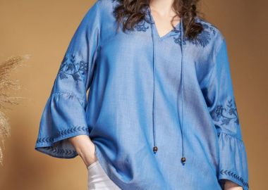 Μπλούζα tencel όψη τζιν με κεντητή μπορντούρα -  - 