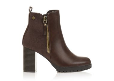 Μποτάκια καφέ με σουέτ λεπτομέρια και χοντρό τακούνι ΚΑΦΕ - Tsoukalas - 