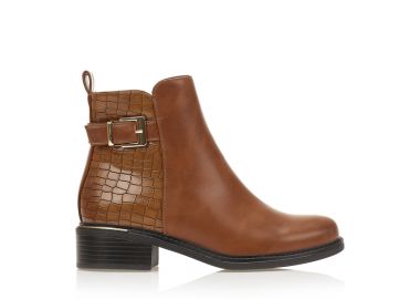 Μποτάκια κάμελ δερματίνη animal print με διακοσμητικό λουράκι ΚΑΜΕΛ - Tsoukalas - 