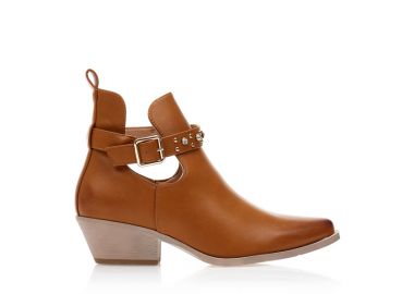 Μποτάκια κάμελ δερματίνη cowboy με λουράκι και στρας ΚΑΜΕΛ - Tsoukalas - 