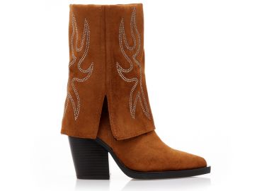Μποτάκια κάμελ σουέτ cowboy με αναδιπλούμενη φάσα και σχέδιο απο στρας ΚΑΜΕΛ - Tsoukalas - 