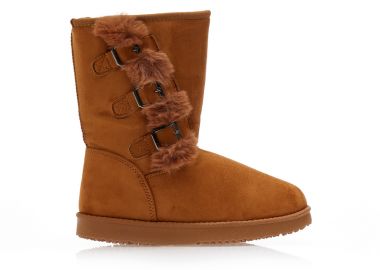 Μποτάκια κάμελ σουέτ με εσωτερική γούνα και διακοσμητικά λουράκια ΚΑΜΕΛ - Tsoukalas - 
