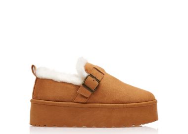 Μποτάκια κάμελ σουέτ με γουνάκι και διακοσμητική αγκράφα ΚΑΜΕΛ - Tsoukalas - 