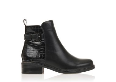 Μποτάκια μαύρα δερματίνη animal print με διακοσμητικό λουράκι ΜΑΥΡΟ - Tsoukalas - 