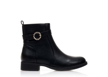 Μποτάκια μαύρα δερματίνη με αγκράφα από στρας και φερμουάρ ΜΑΥΡΟ - Tsoukalas - 