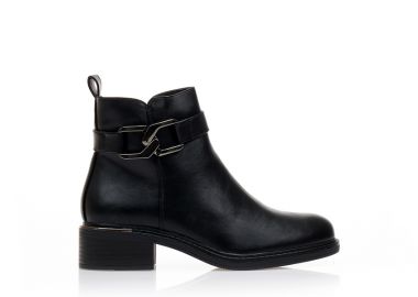 Μποτάκια μαύρα δερματίνη με αγκράφα και μεταλλική λεπτομέρεια στο τακούνι ΜΑΥΡΟ - Tsoukalas - 