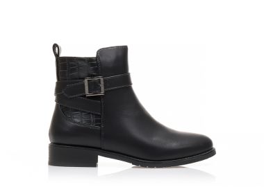 Μποτάκια μαύρα δερματίνη με animal print σχέδιο στο πίσω μέρος και διακοσμητικό λουράκι με αγκράφα ΜΑΥΡΟ - Tsoukalas - 