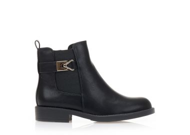Μποτάκια μαύρα δερματίνη με χαμηλό τακούνι και χρυσή αγκράφα ΜΑΥΡΟ - Tsoukalas - 