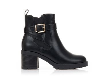 Μποτάκια μάυρα δερματίνη με χοντρό τακούνι και χρυσή αγκράφα ΜΑΥΡΟ - Tsoukalas - 