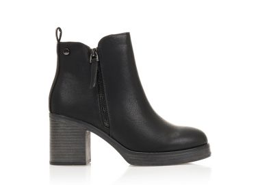 Μποτάκια μαύρα δερματίνη με χοντρό τακούνι και στρογγυλό τελείωμα ΜΑΥΡΟ - Tsoukalas - 