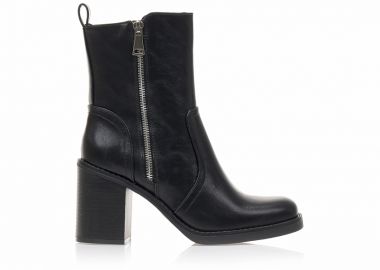 Μποτάκια μαύρα δερματίνη με χοντρό τακούνι ΜΑΥΡΟ - Tsoukalas - 