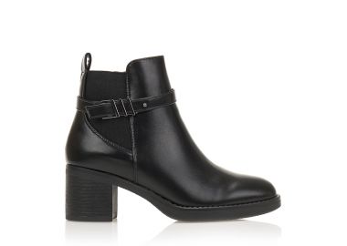 Μποτάκια μαύρα δερματίνη με διακοσμητική αγκράφα και χοντρό τακούνι ΜΑΥΡΟ - Tsoukalas - 