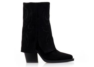 Μποτάκια μαύρα σουέτ cowboy με αναδιπλούμενη φάσα και σχέδιο απο στρας ΜΑΥΡΟ - Tsoukalas - 