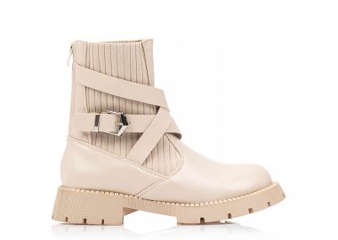 Μποτάκια μπεζ δερματίνη με λάστιχο και διακοσμητικά λουράκια ΜΠΕΖ - Tsoukalas - 