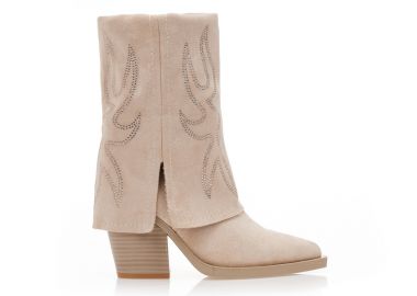 Μποτάκια μπεζ σουέτ cowboy με αναδιπλούμενη φάσα και σχέδιο απο στρας ΜΠΕΖ - Tsoukalas - 