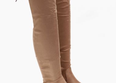 Μπότες φλατ over the knee με suede υφή - Μπεζ - Issue - 