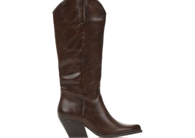 Μπότες καφέ δερματίνη cowboy με μυτερό τελείωμα ΚΑΦΕ - Tsoukalas - 