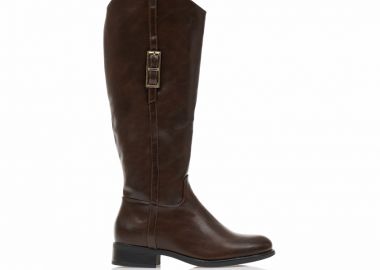 Μπότες καφέ δερματίνη με χρυσή αγκράφα και στρογγυλό τελείωμα ΚΑΦΕ - Tsoukalas - 