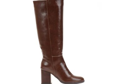 Μπότες καφέ δερματίνη με διακριτικό φερμουάρ και χοντρό τακούνι ΚΑΦΕ - Tsoukalas - 