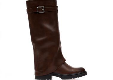 Μπότες καφέ δερματίνη με εφέ αναδιπλούμενης φάσας και λουράκι ΚΑΦΕ - Tsoukalas - 