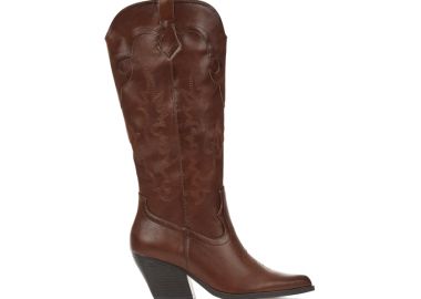 Μπότες κάμελ δερματίνη cowboy με διακοσμητικές ραφές ΚΑΜΕΛ - Tsoukalas - 