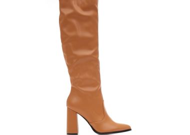 Μπότες κάμελ δερματίνη με χοντρό τακούνι μυτερές ΚΑΜΕΛ - Tsoukalas - 