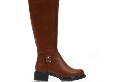 Μπότες κάμελ δερματίνη με διακοσμητικό λουράκι και φερμουάρ ΚΑΜΕΛ - Tsoukalas - 