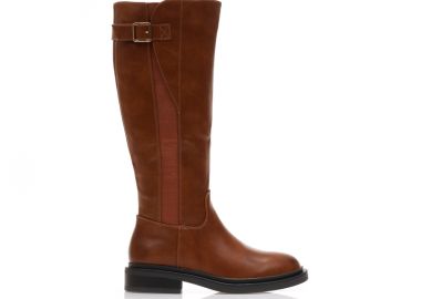 Μπότες κάμελ δερματίνη με λάστιχο και διακοσμητική αγκράφα ΚΑΜΕΛ - Tsoukalas - 