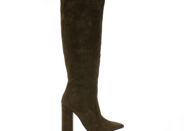 Μπότες λαδί σουέτ με χοντρό τακούνι μυτερές ΛΑΔΙ - Tsoukalas - 