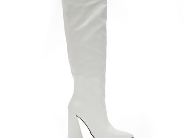 Μπότες λευκές δερματίνη με τριγωνικό τακούνι ΛΕΥΚΟ - Tsoukalas - 