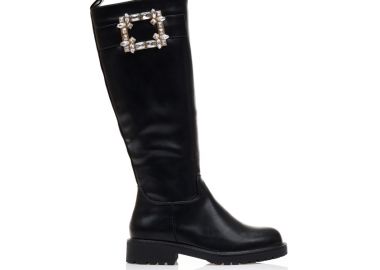 Μπότες μαύρες δερματίνη με διακοσμητική αγκράφα απο στρας ΜΑΥΡΟ - Tsoukalas - 