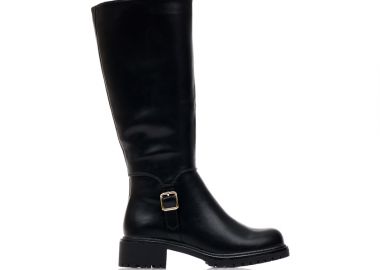 Μπότες μαύρες δερματίνη με διακοσμητικό λουράκι και φερμουάρ ΜΑΥΡΟ - Tsoukalas - 