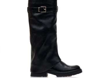 Μπότες μαύρες δερματίνη με εφέ αναδιπλούμενης φάσας και λουράκι ΜΑΥΡΟ - Tsoukalas - 