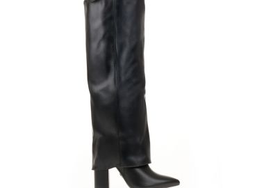 Μπότες μαύρες δερματίνη με εφέ αναδιπλούμενης φάσας ΜΑΥΡΟ - Tsoukalas - 