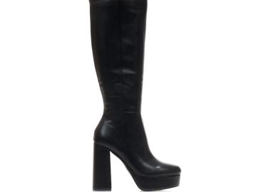 Μπότες μαύρες δερματίνη με φιάπα και χοντρό τακούνι ΜΑΥΡΟ - Tsoukalas - 